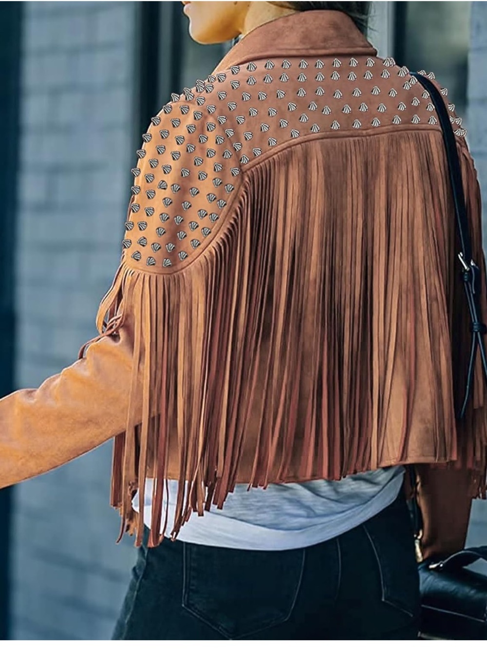 Women's faux Suede Fringe Studded women Jacket - Rust Brown